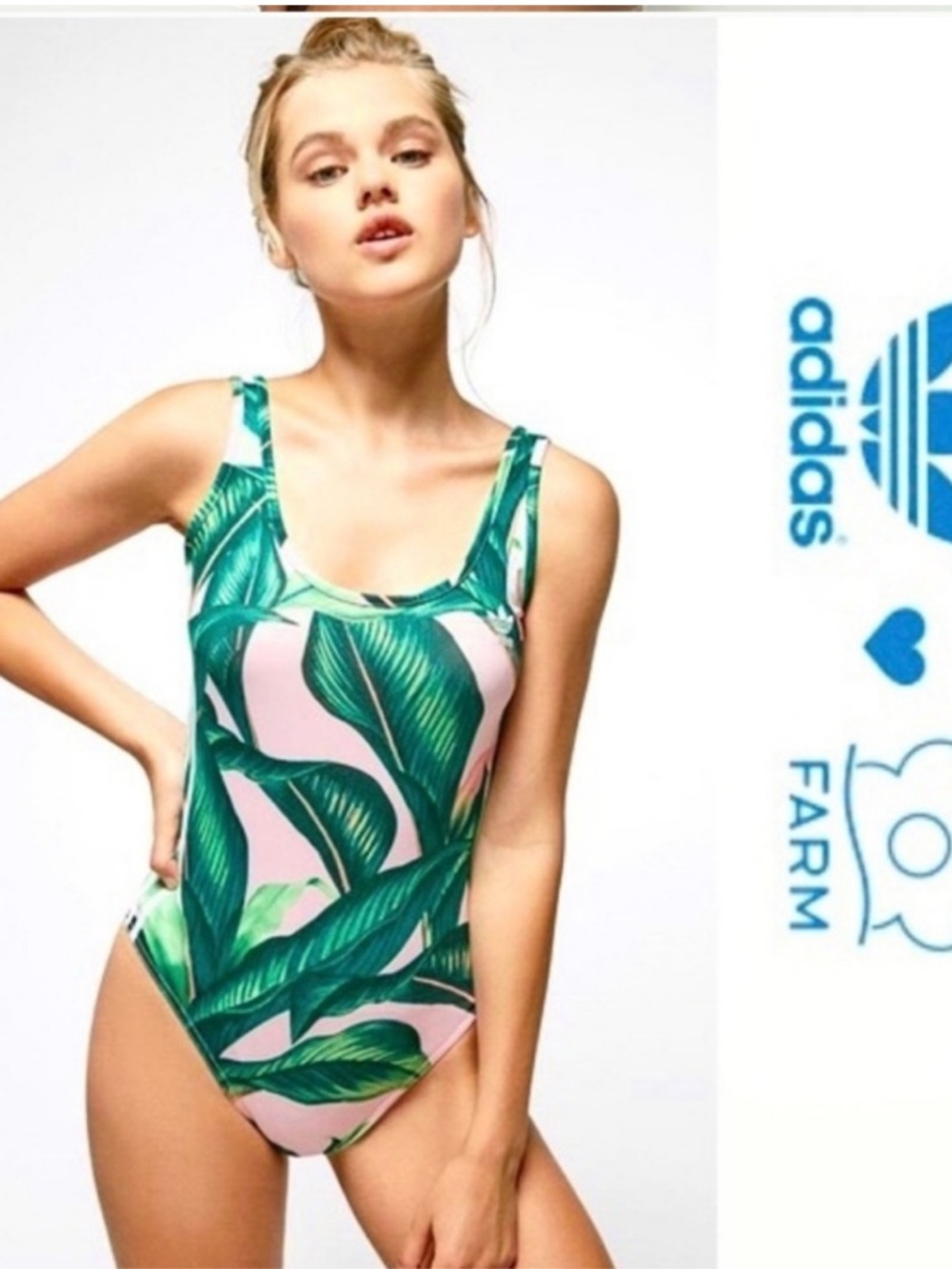 adidas Pink One-Piece Swimsuit with Green Tropical Leaf Print - Women Swim